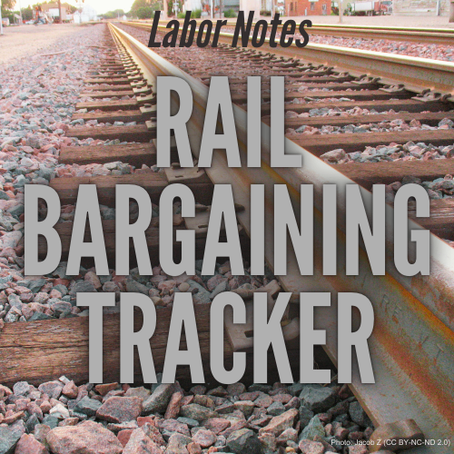 Photo of railroad tracks with the words Labor Notes, Rail Bargaining Tracker superimposed