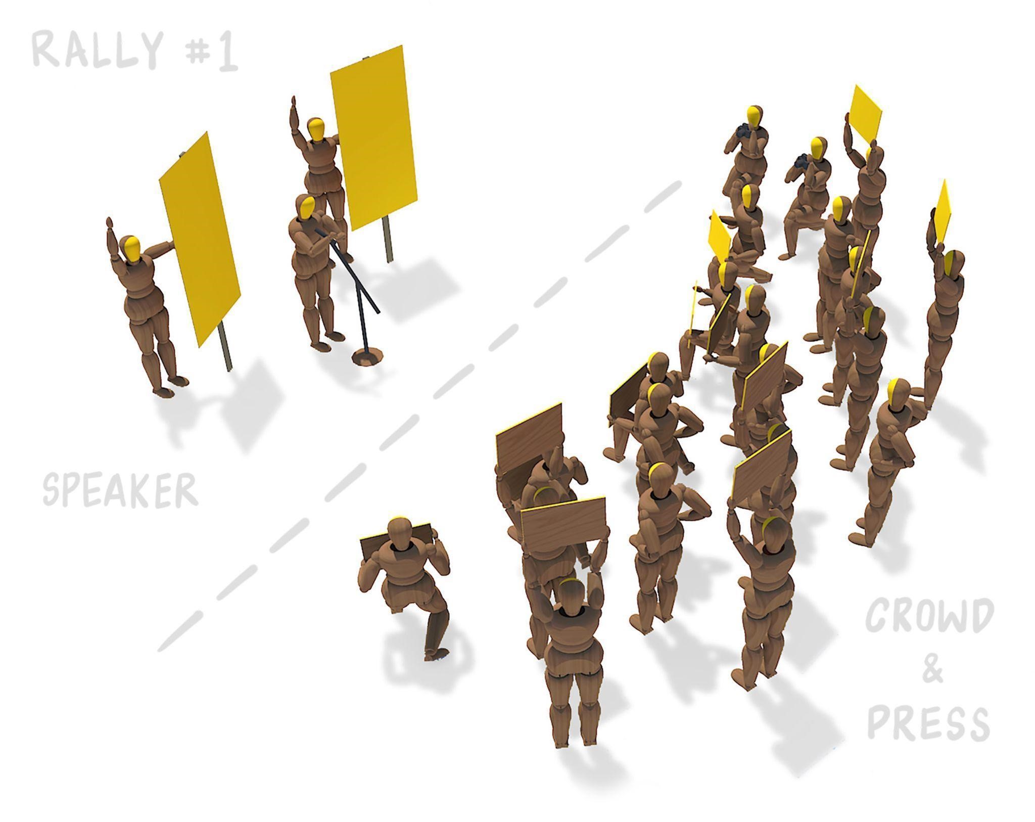 Rally 1 schematic shows one speaker at mic with two people with big signs behind them. Opposite and facing them is a crowd of listeners, with photographers interspersed.