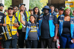 Amazon delivery drivers rally outside City Hall in NYC. 