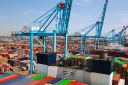 A large ship piled with containers is shown next to a dock with cranes.