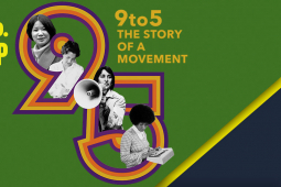 Green background, stylized "9-5" graphic, movie title, text "indie lens pop-up," and five black-and-white images of women of different races taking notes, typing, and speaking into a megaphone