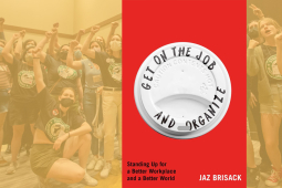 Cover of book is superimposed on Starbucks workers with fists in the air.