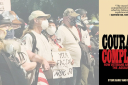 A line of veterans in Portland and the cover of the book Courage or Complicity