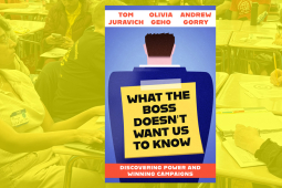 A book cover of “What the Boss Doesn’t Want You to Know” is shown on a background of workers meeting