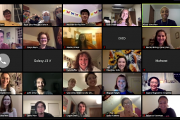 Compilation of two Zoom screenshots shows 50 people on a call. Most are smiling faces, some show text only