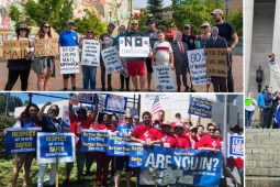 Three photos. Upper left: white people stand outdoors with handmade signs like "Save our mail," "no consolidation," "protect good jobs in southern Oregon." Lower left: A racially diverse crowd outside a mail plant with printed APWU signs for better staffing, better service, respect at work, and safer conditions. Right: a Black woman with raised fist, Miriam, and a white woman smiling big, Sheri, hold signs: "Service matters! ""10-year plan is bound to fail, we don't want to delay the mail!"