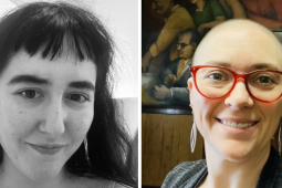 Left: black-and-white headshot of Natascha, she has long dark hair and short bangs, and is smiling closed-mouth, looking up at the camera. Right: color headshot of Kari, a white woman with a shaved head wearing a wide smile and red glasses. Behind her is the mural in the old UE Chicago office.