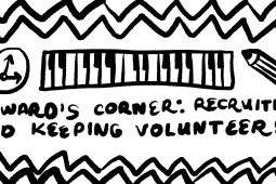 Illustration of a clock, piano and pencil reading: Steward's Corner: Recruiting and Keeping Volunteers