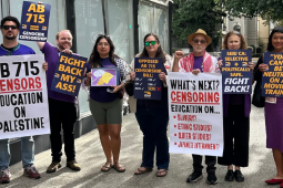 Eight people hold printed signs, many in the yellow/purple SEIU style: "AB 715 = genocide censorship." "Fight back my ass!" "Opposed AB 715: CFA, CFT, ACLU, CTA, CNA... [but not] SEIU." "SEIU CA: Selective + politically safe. Fight back!" "You can't be neutral on a moving train." "When we fight we win! When we're neutral we lose!" Big white signs with black & red letters: "AB 715 censors education on Palestine." "What's next? Censoring education on: Slavery, Queer/Ethnic Studies, Japanese Internment?"