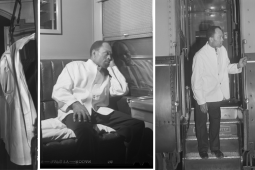 Three black-and-white photos show a Black man, dressed in the white coat and black slacks of a Pullman porter, putting up a bed on an upper berth, resting on a bench seat looking out the train window, and standing on the train stairs. It is not clear whether the three photos show the same man or different men.