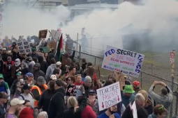 A dense cloud of tear gas envelops a crowd with colorful signs.