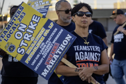 A woman with a strike picket sign and a ‘Teamsters Against Trump’ T-shirt looks past the camera