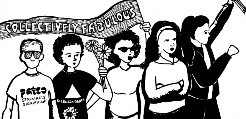 Drawing of people marching with banner "Collectively fabulous." One t-shirt says "PATCO: strikingly significant " and another says "silence=death"