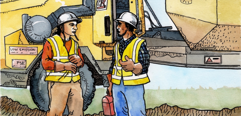 Drawing of two construction workers talking next to an earth-mover.