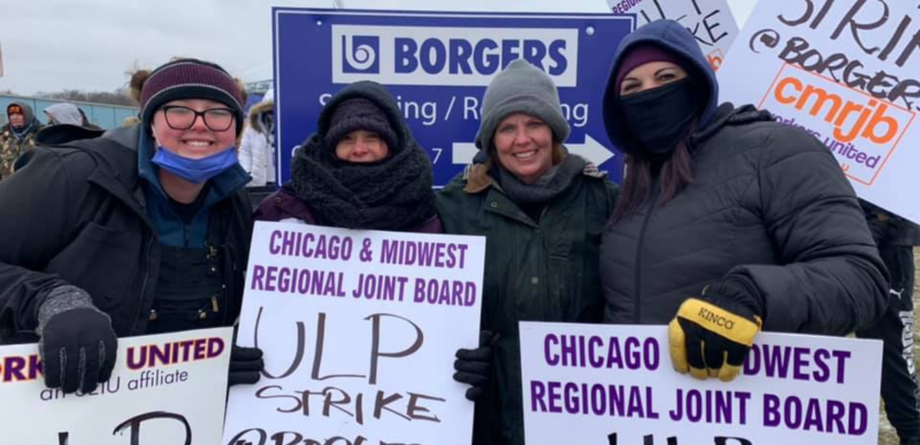 Workers carry signs reading "Chicago & Midwest Regional Joint Board, Workers United, ULP strike." Behind them is "Borgers" sign.