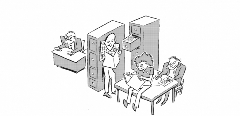 Black and white drawing shows boss looking annoyed while three workers in his office open cabinets and read through his files