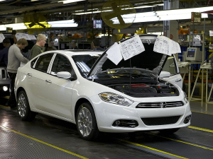 Workers produce the Dodge Dart on the assembly line at the Belvidere, Illinois, assembly plant.