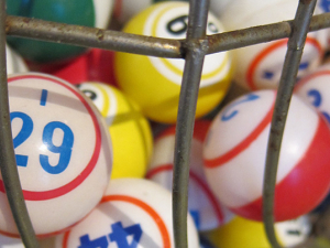 Bingo balls in metal cage