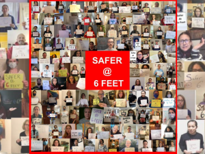 A collage of individual photos of teachers holding signs that say "Safer at six feet."