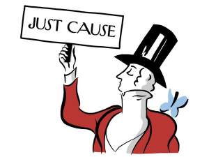 Cartoon image of New Yorker's mascot (silhouetted man in formal coat, waistcoat, and top hat) but the bird is on his shoulder and he's holding a picket sign that says "JUST CAUSE"