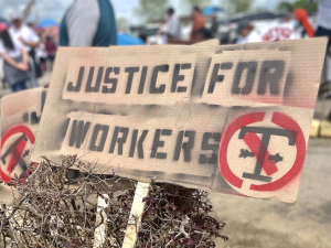 A hand-stenciled sign in the foreground says “Justice for Workers” while in the background striking workers stand outside a plant