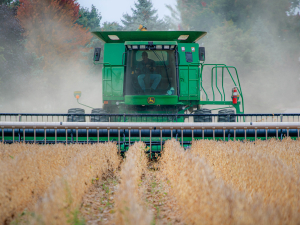 A worker drives a tractor through a field.