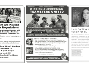 Three black and white flyers side by side, for a Teamsters contract campaign, for a Teamsters leadership election, and nurses on why the support Bernie Sanders