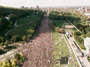 Huge crowd gathered in the street in Montreal for climate strike.