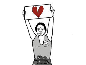 A cartoon Norma Rae holds up a sign with a broken heart, instead of the "Union" sign she holds up in the movie.