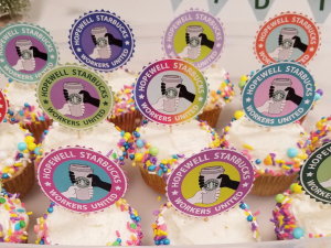 A dozen cupcakes with rainbow colored sprinkles and cupcake toppers that read Hopewell Starbucks Workers United