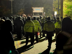 A Sysco truck faces off against a crowd of people, backs to the camera. A few wear yellow jackets that say "Police" or "Sheriff" on the backs; most do not. Around them it is still very dark out, but the central paved area is lit from above.