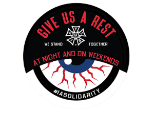 IATSE bloodshot eye "Give Us A Rest" text, campaign logo for current bargaining capaign