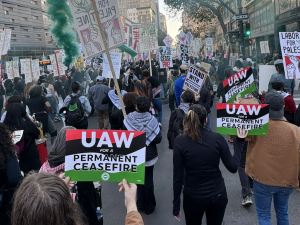 Marchers march away from the camera with signs reading UAW for a Permanent Ceasefire