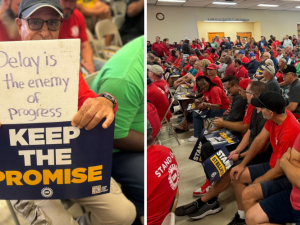 Two photos. Left photo shows a worker holding up a printed UAW sign "Keep the promise" and a handmade sign "Delay is the enemy of progress." Right photo shows hundreds of workers sitting on folding chairs in a union hall, many wearing red T-shirts or holding printed signs. Most but not all are white men.