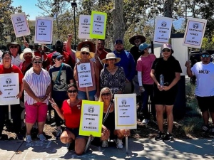 Crowd of people poses outside in the sun. Many carry signs with CWA logo that say "Grievance strike at Frontier."