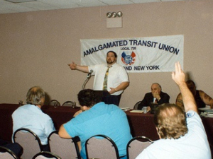 Larry Hanley addressing a crowd of ATU members.