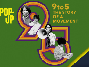 Green background, stylized "9-5" graphic, movie title, text "indie lens pop-up," and five black-and-white images of women of different races taking notes, typing, and speaking into a megaphone