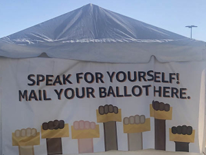 An Amazon-sponsored voting tent for workers during the Amazon Bessemer warehouse election.