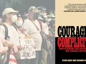 A line of veterans in Portland and the cover of the book Courage or Complicity