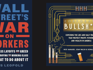 Two book covers are shown, both mostly the title and author text; one has images of cigarettes and smokestack