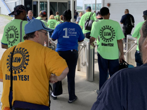 Workers in pro and con shirts before the UAW election at VW's plant in Chattanooga, Tennessee.