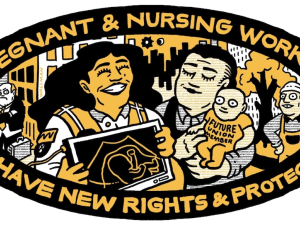 A cartoon in black and gold shows a woman with a sonogram and a person with a small baby, all are smiling. In the background is a disgruntled boss.