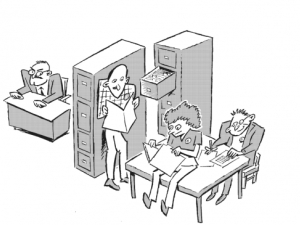 Black and white drawing shows boss looking annoyed while three workers in his office open cabinets and read through his files