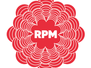 Logo of Revolutions Per Minute - a red pulsing blob with white letters saying RPM in the middle