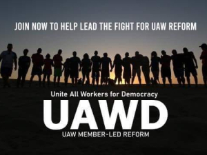 Silhouette of a line of people holding hands with rising sun behind them. text: "Join now to help lead the fight for UAW reform. UAWD Unite All Members for Democracy: UAW Member-Led Reform"