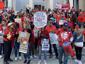 L.A. teachers in red rallying during their January 2019 strike.