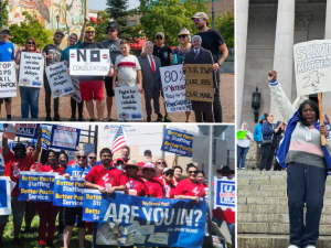 Three photos. Upper left: white people stand outdoors with handmade signs like "Save our mail," "no consolidation," "protect good jobs in southern Oregon." Lower left: A racially diverse crowd outside a mail plant with printed APWU signs for better staffing, better service, respect at work, and safer conditions. Right: a Black woman with raised fist, Miriam, and a white woman smiling big, Sheri, hold signs: "Service matters! ""10-year plan is bound to fail, we don't want to delay the mail!"