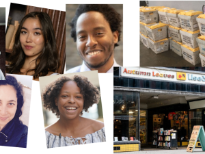 Five headshots. Alex and Deborah are white women, Caitlyn is an Asian-American woman, Edward is a Black man, Finley is a Black woman. Another photos shows a hand truck with a PM press logo in a warehouse surrounded by shipping packages. Another photo shows a bookstore storefront with the name Autumn Leaves.