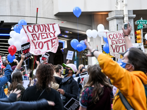 Crowd with many "count every vote" signs and balloons