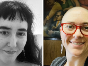 Left: black-and-white headshot of Natascha, she has long dark hair and short bangs, and is smiling closed-mouth, looking up at the camera. Right: color headshot of Kari, a white woman with a shaved head wearing a wide smile and red glasses. Behind her is the mural in the old UE Chicago office.